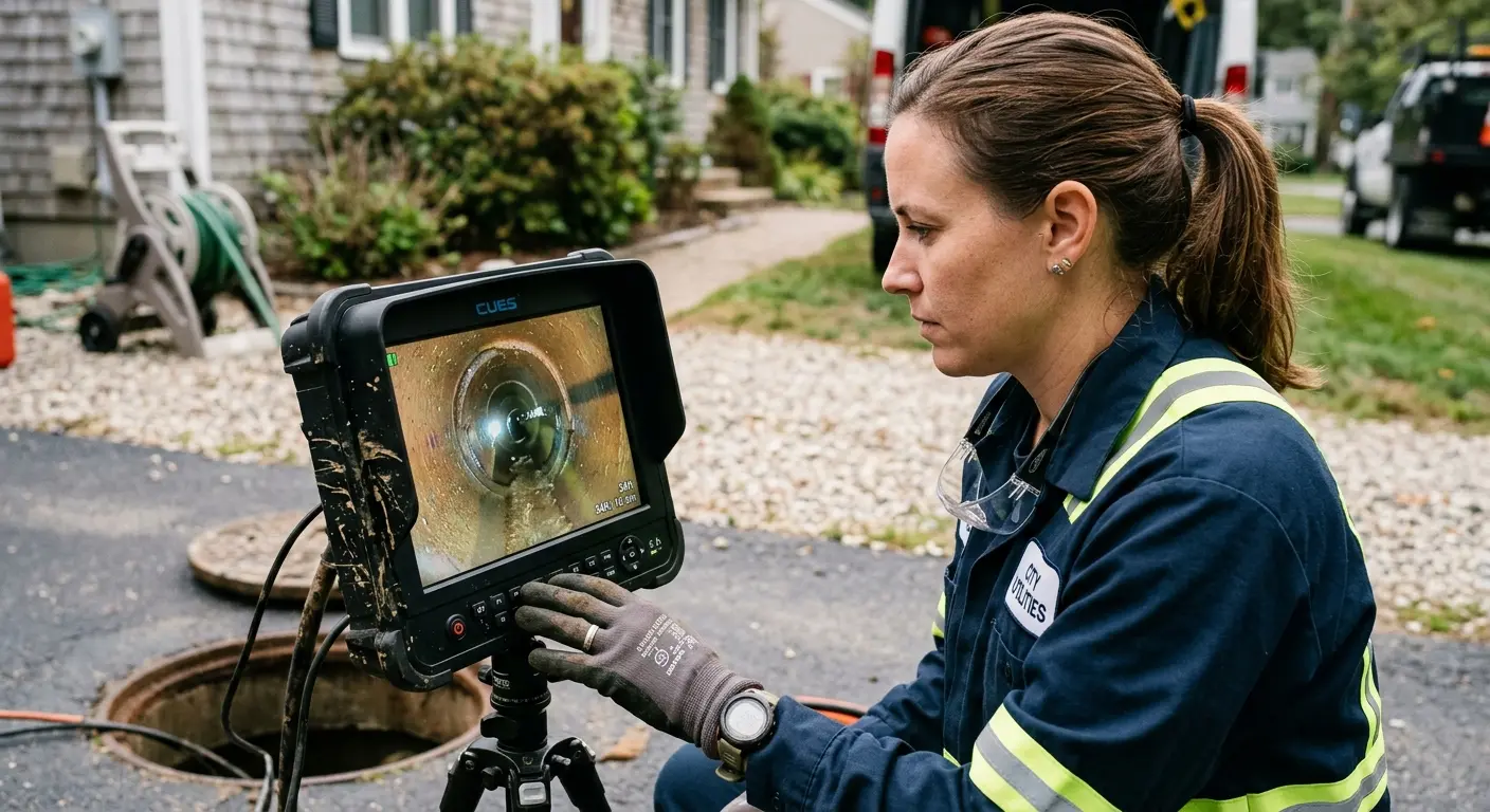 Technician reviewing sewer camera inspection footage in Isanti