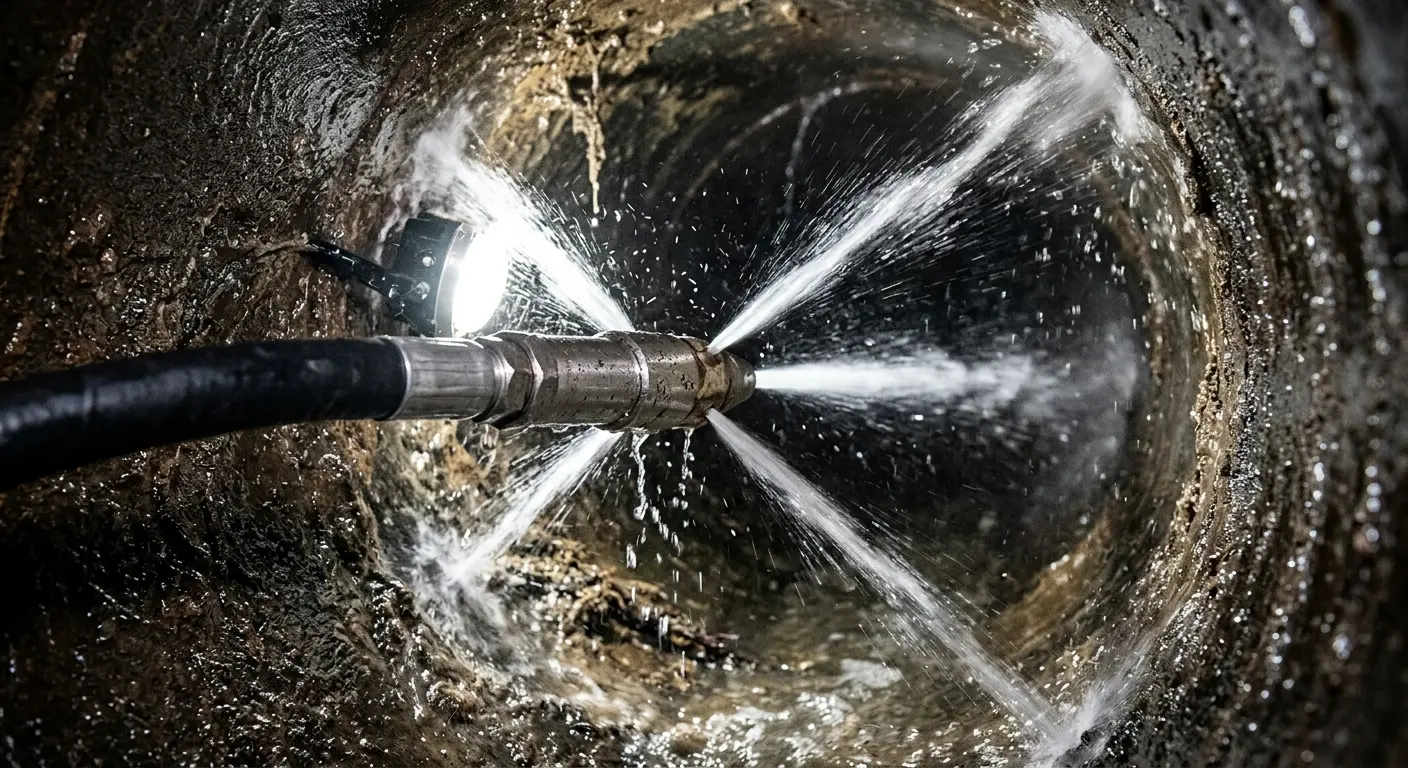 High-pressure hydro jetting nozzle cleaning sewer pipe for Emergency Drain Service in Isanti