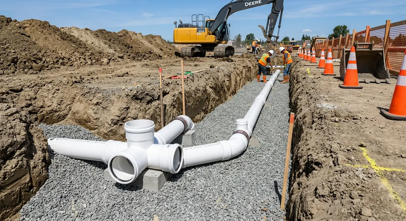 New PVC sewer pipe installation in open trench for Sewer Backup in Isanti
