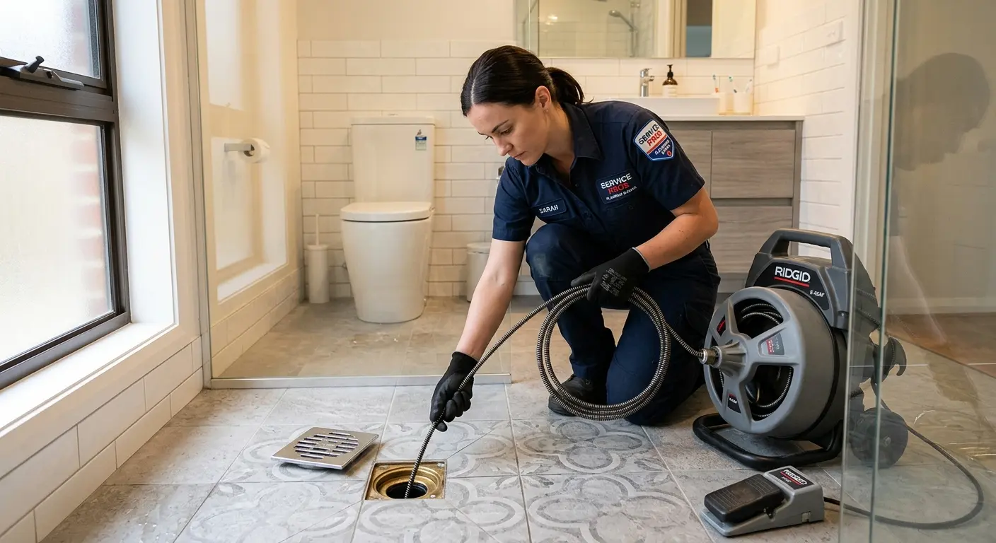 Technician clearing a bathroom floor drain for Clogged Drain Repair in Isanti